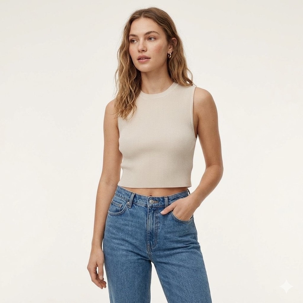 Aritzia Babaton Sculpt Knit Cropped Muscle Tank Top Beige Cream Ribbed Sz: S EUC
